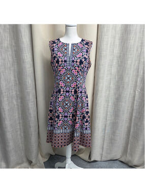 Maggy L Sleeveless Floral Fit and Flare Dress Navy Pink Flowy Feminine Size 10